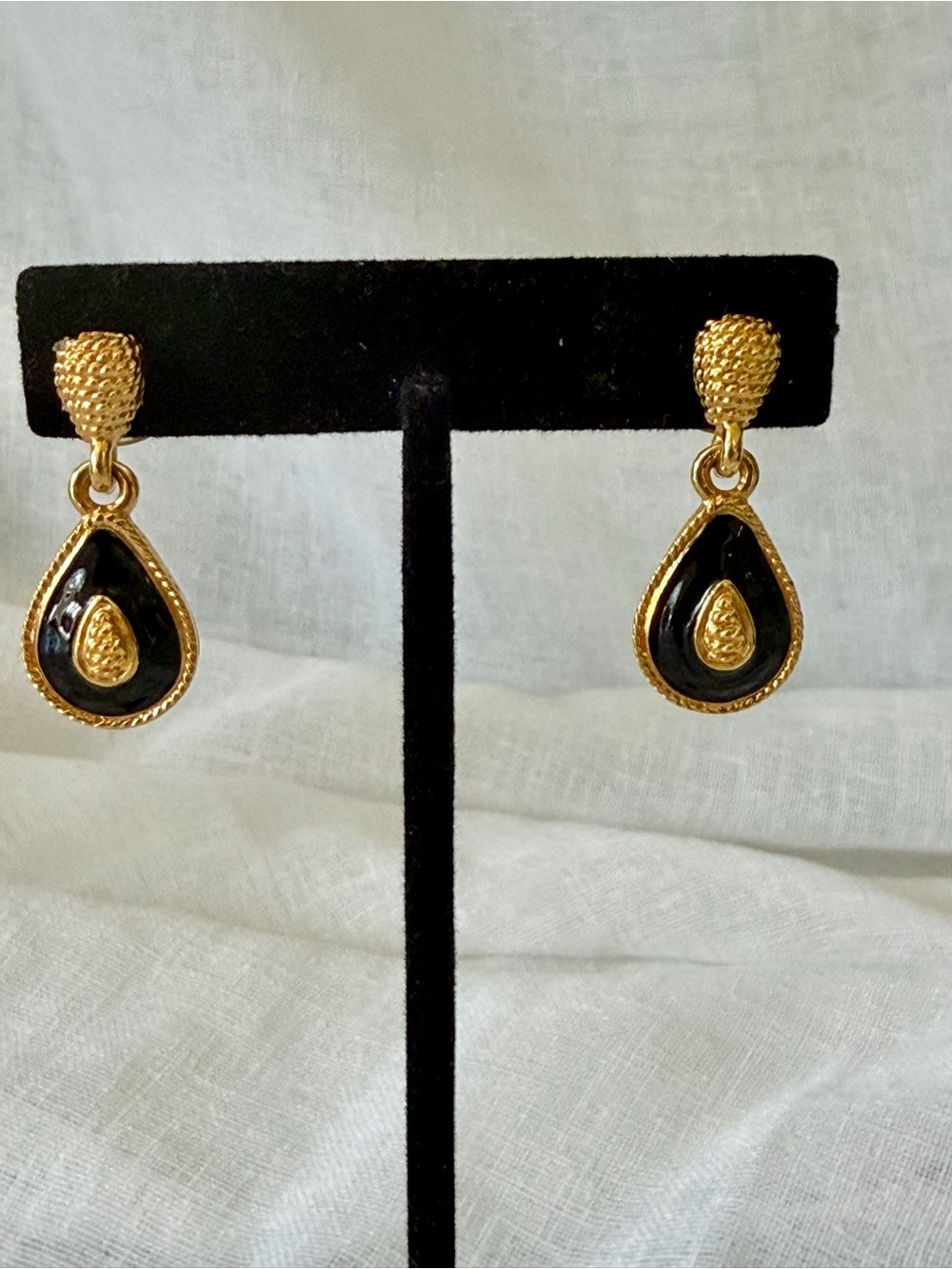 Vintage Anne Klein Signed AK Gold Tone Black Enamel Teardrop Dangle Earrings